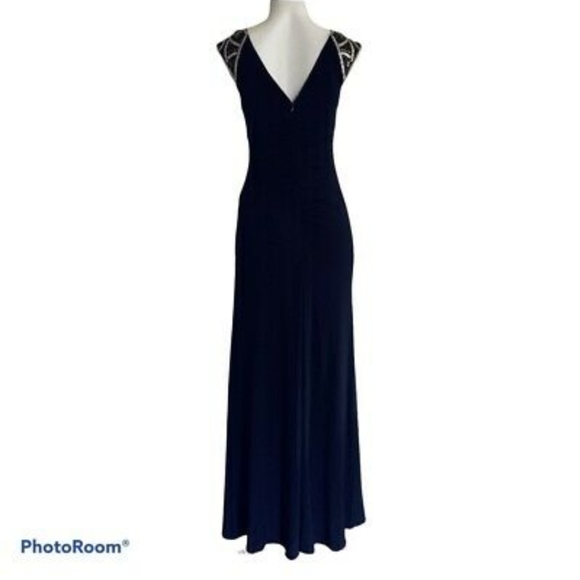 Xscape by Joanna Chen navy embellished shoulder long gown. Size 8. - Picture 4 of 9